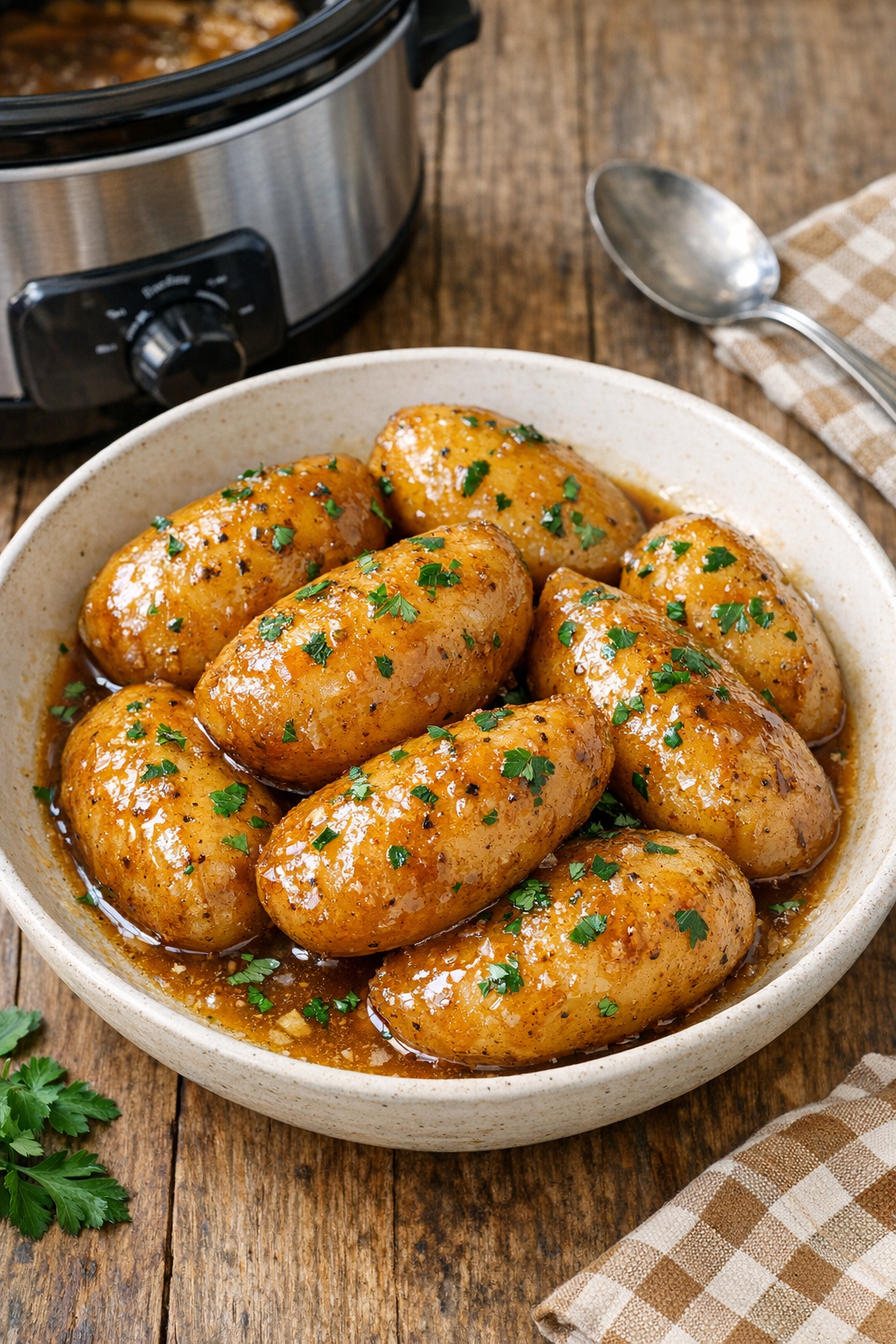 Finished plated Amish Firefly Potatoes with golden glaze and green herbs