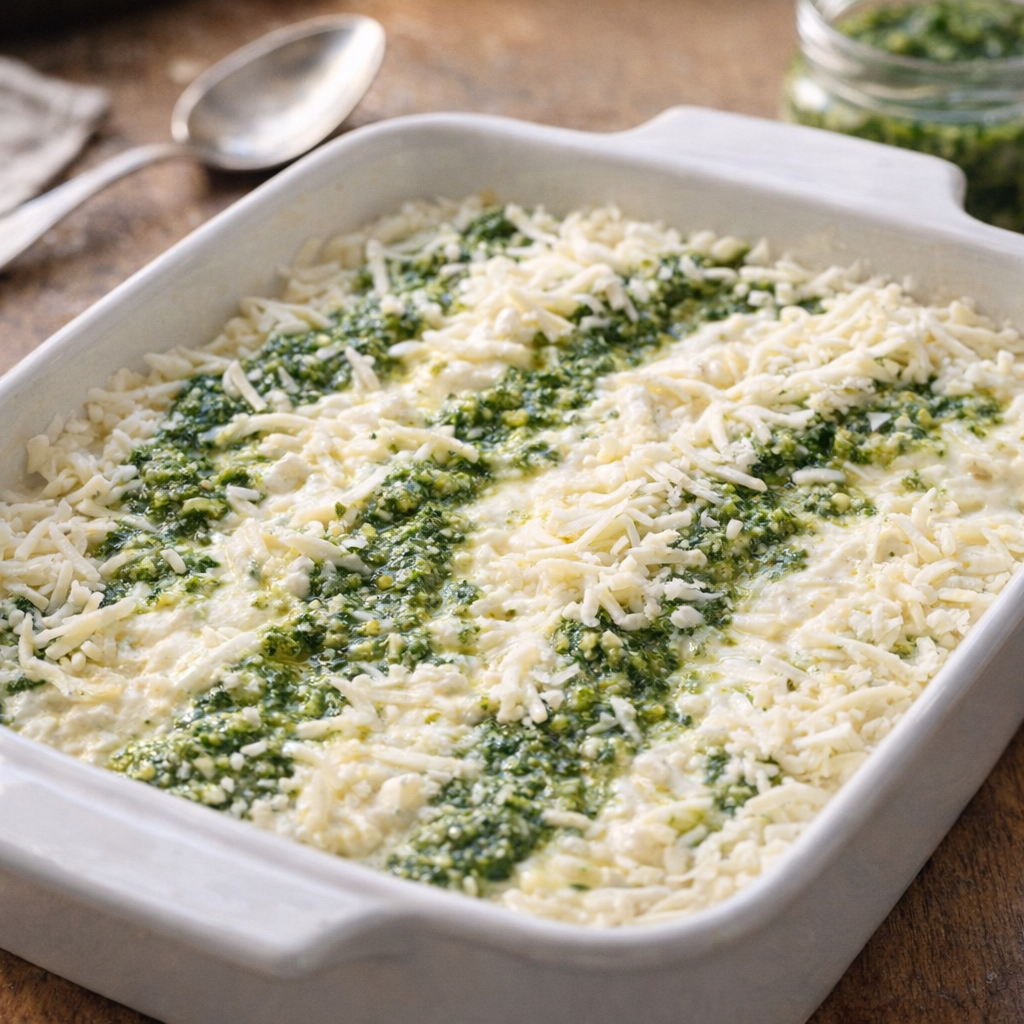 Unbaked pesto cheese bake with green swirls and mozzarella topping