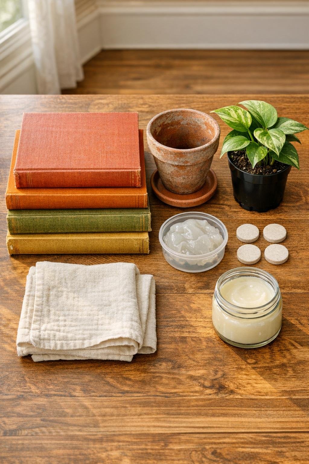 Materials for a book-stack plant riser laid out neatly