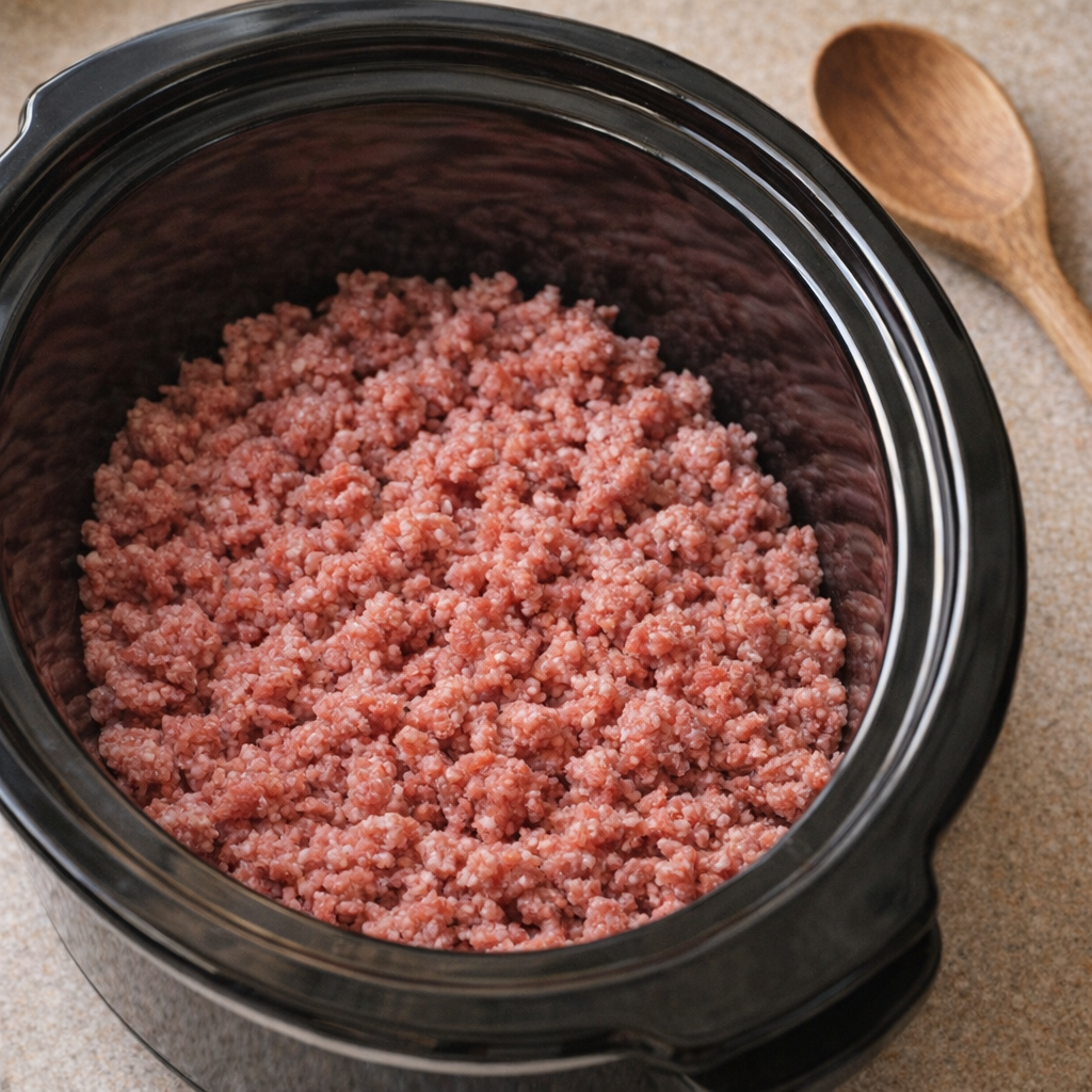 Ground beef crumbled into the bottom of a slow cooker