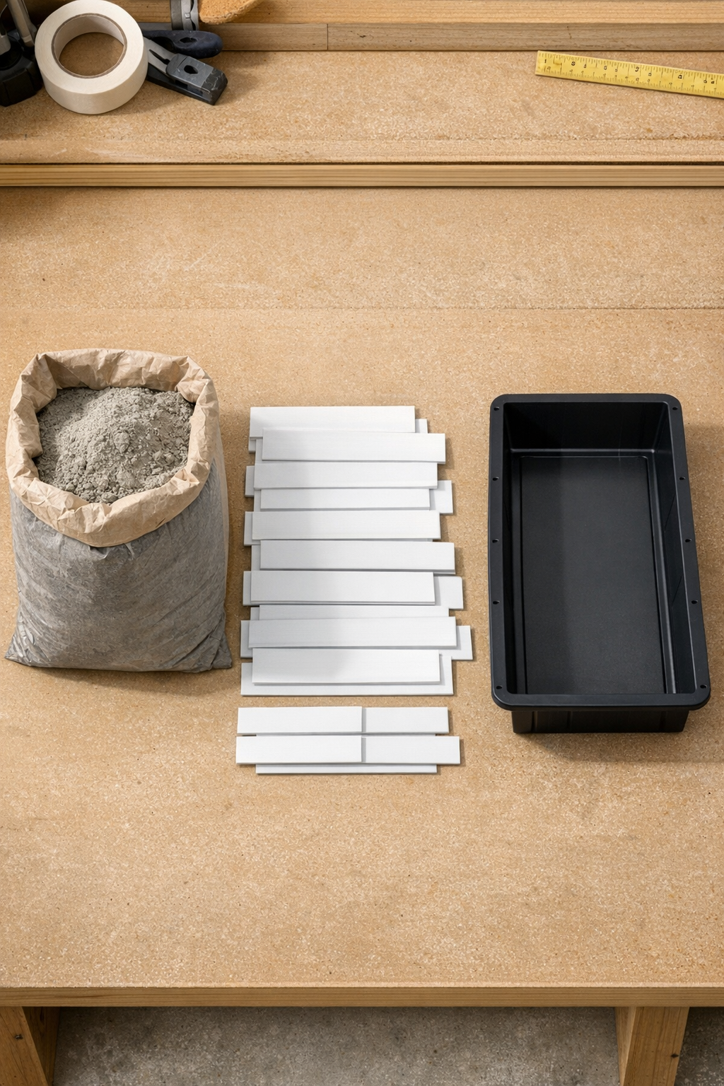Materials for making heavy slatted yard blocks laid out on a work surface