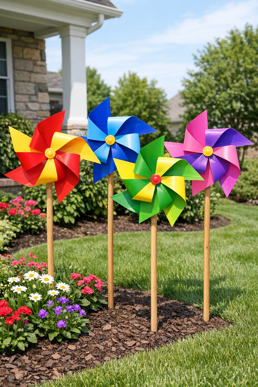 Four giant colorful placemat pinwheels displayed in a front yard