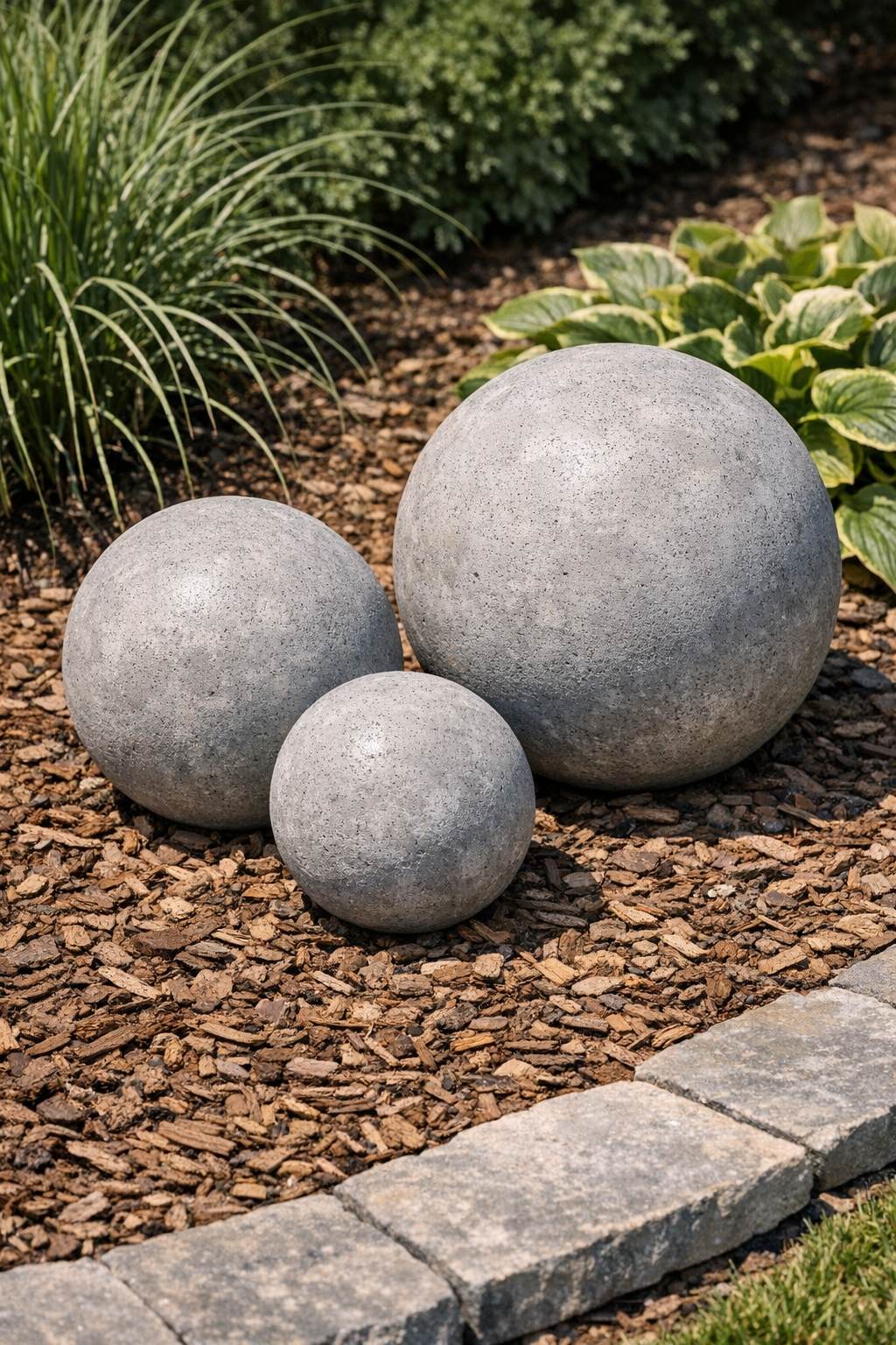 Finished set of three cement yard spheres displayed outdoors