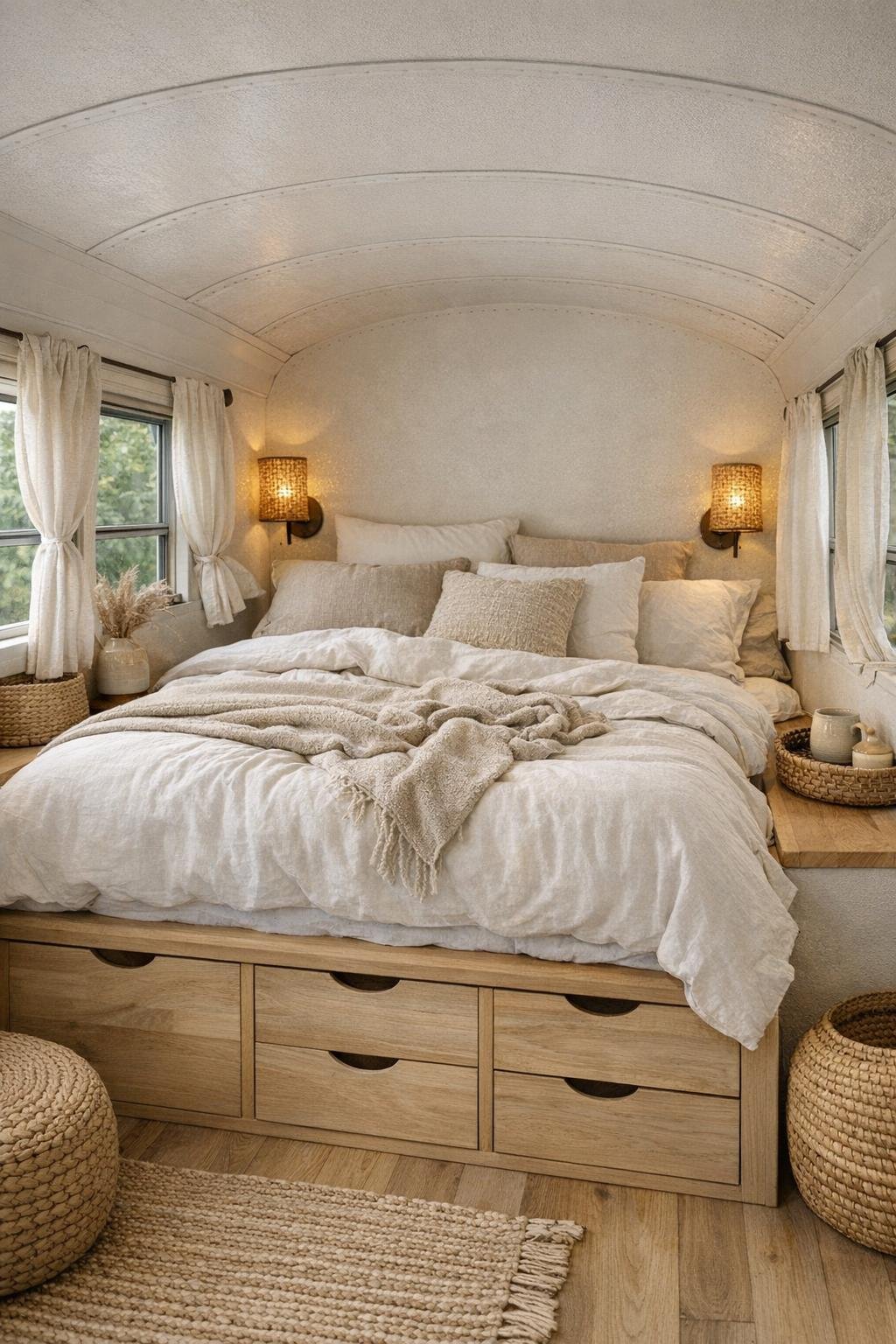 Cozy bus bedroom with platform bed, linen bedding, and wood storage