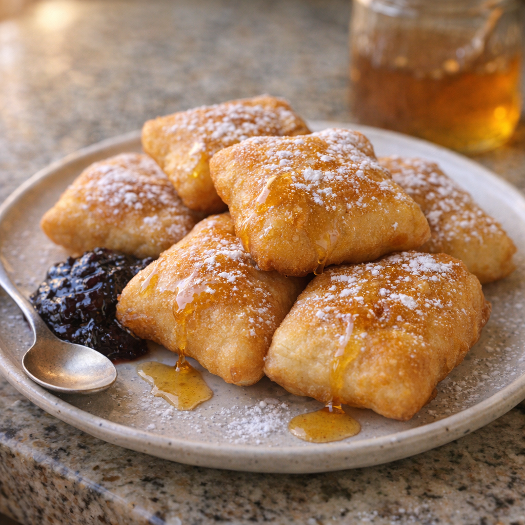 Fried dough served with honey and jam