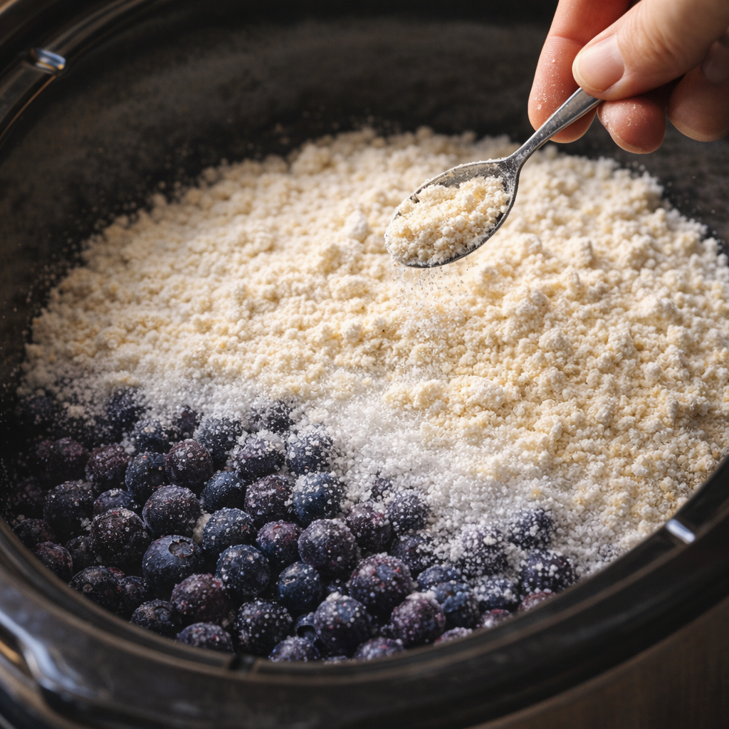 Sugar and baking mix layered over blueberries in the slow cooker