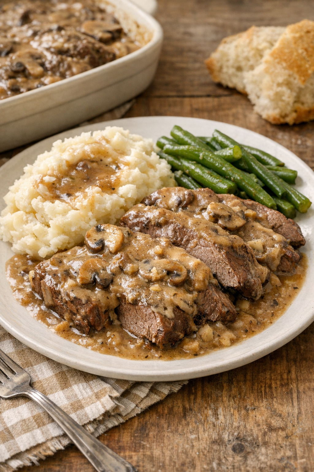 Finished Amish beef and mushroom gravy casserole plated for dinner