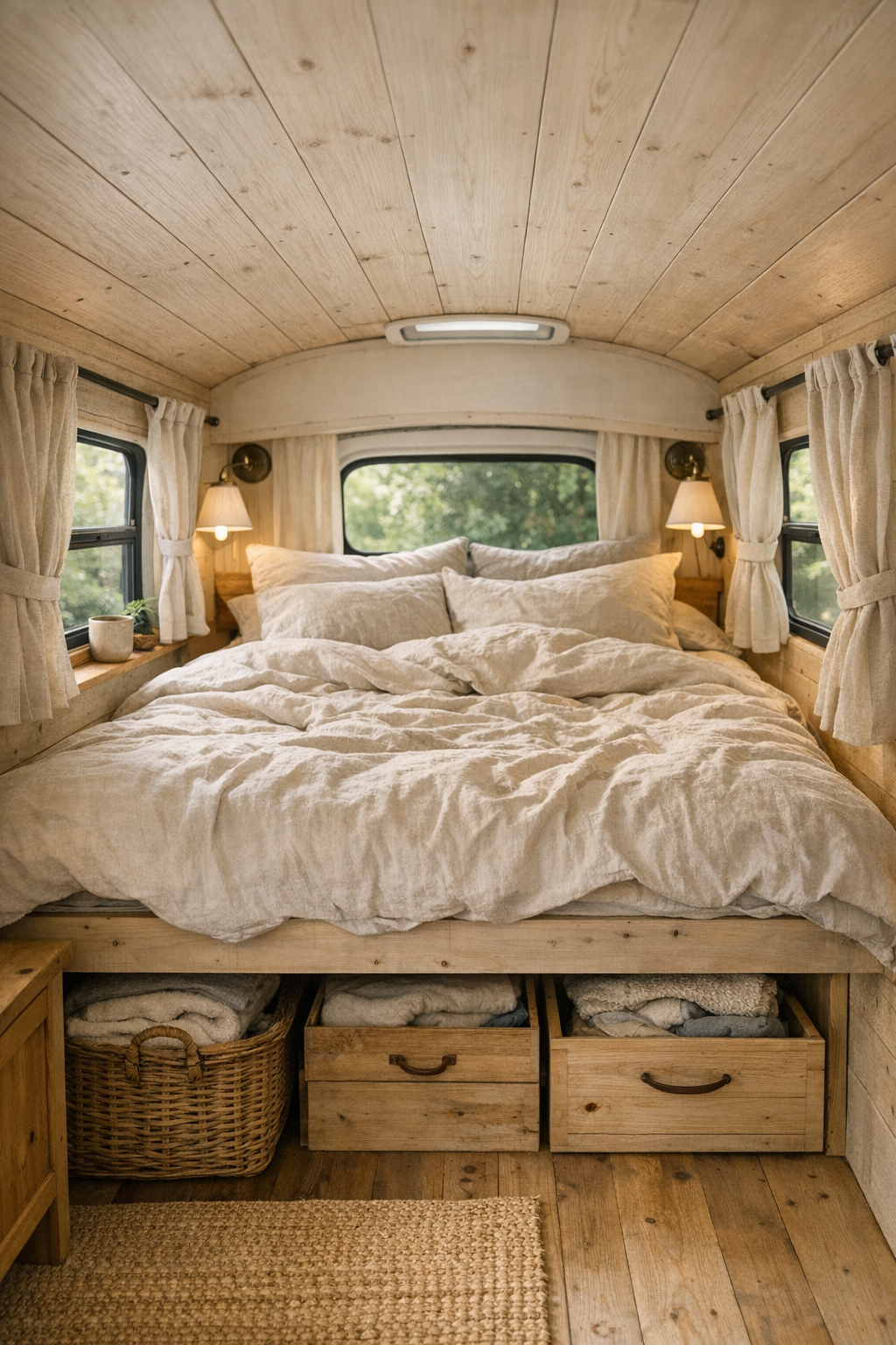 Cozy bedroom at the end of a converted bus with raised bed and linen bedding