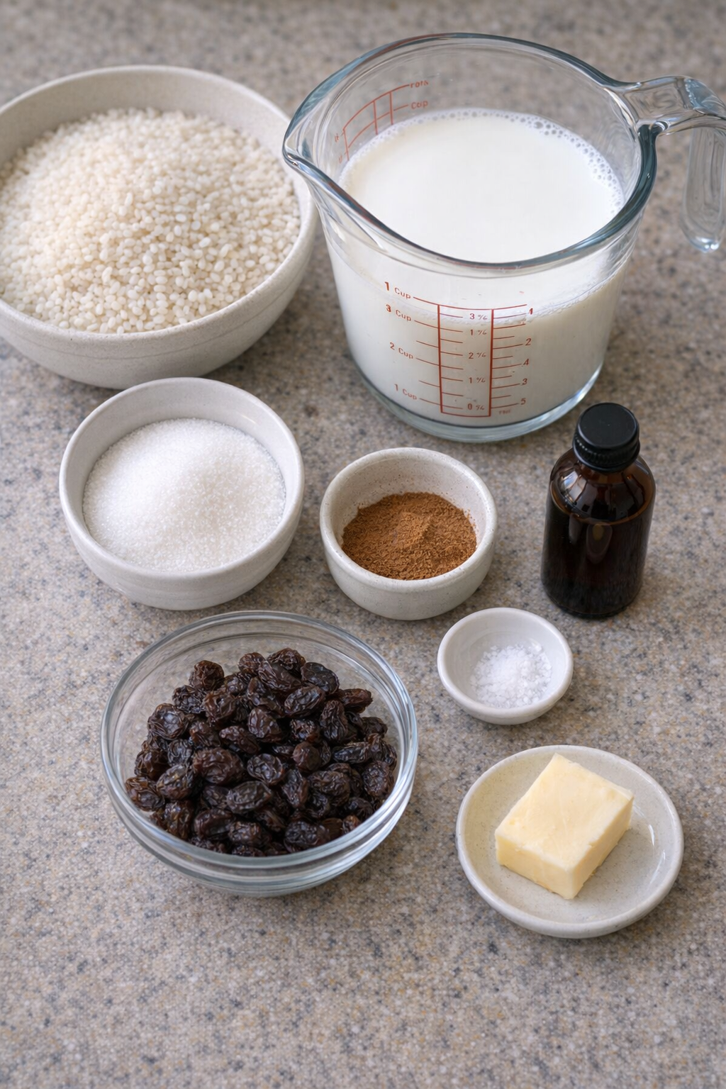 Rice pudding ingredients laid out on a kitchen counter