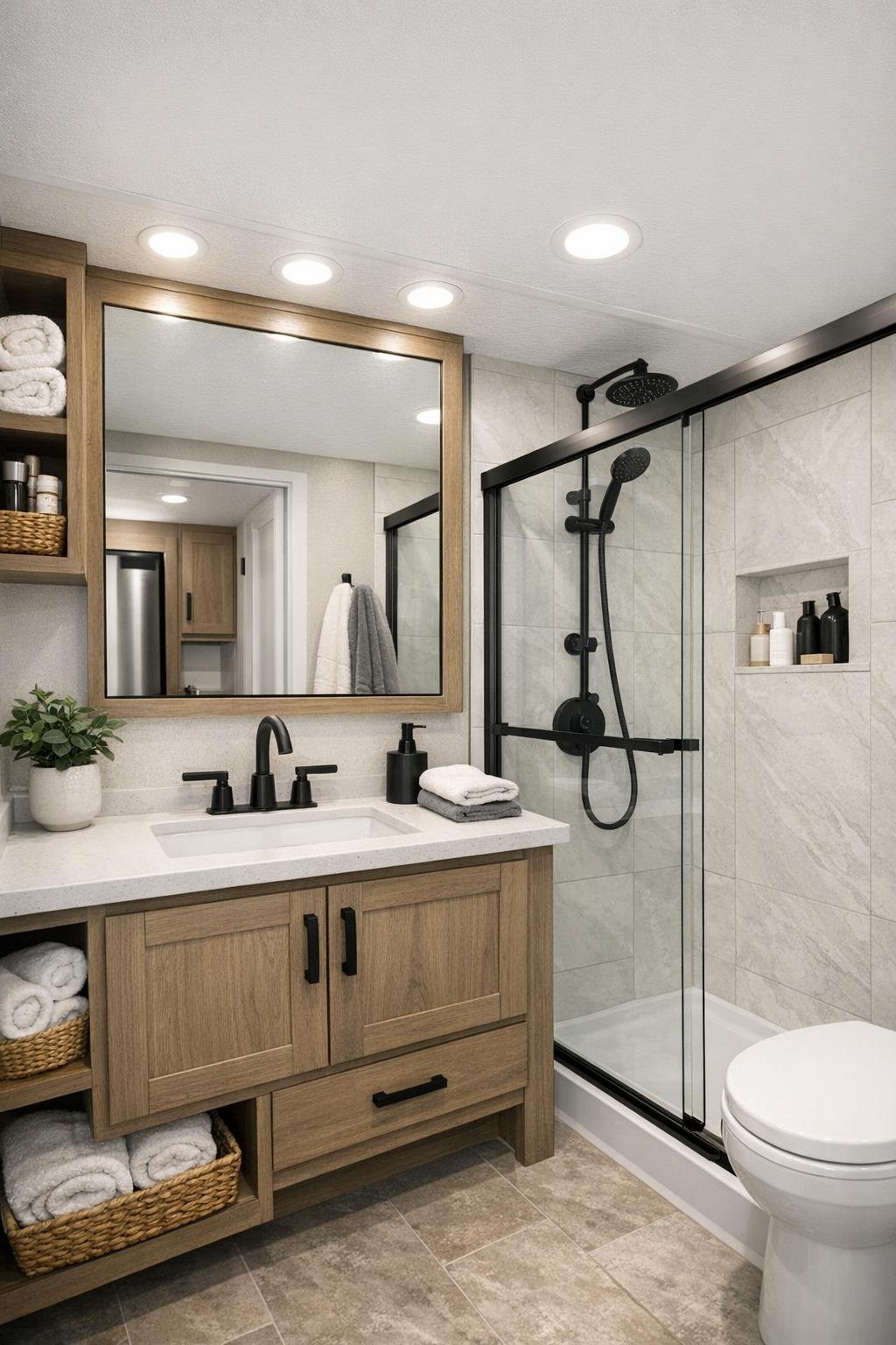 Modern compact bathroom with light tile, black fixtures, and a warm wood vanity