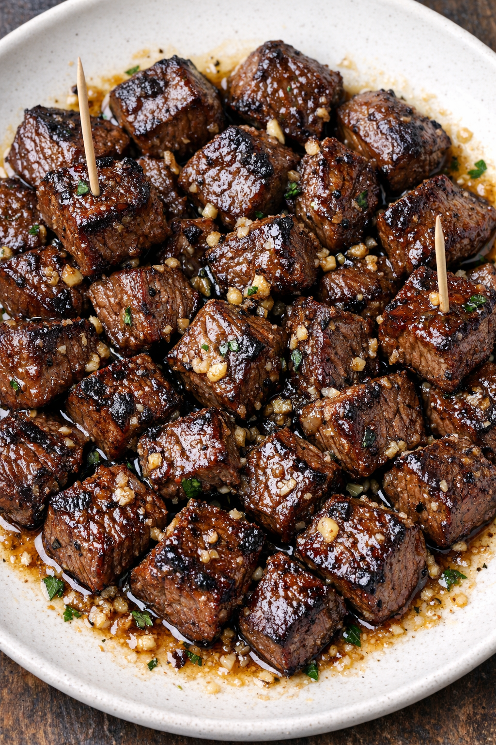 Low carb garlic steak bites on a serving platter