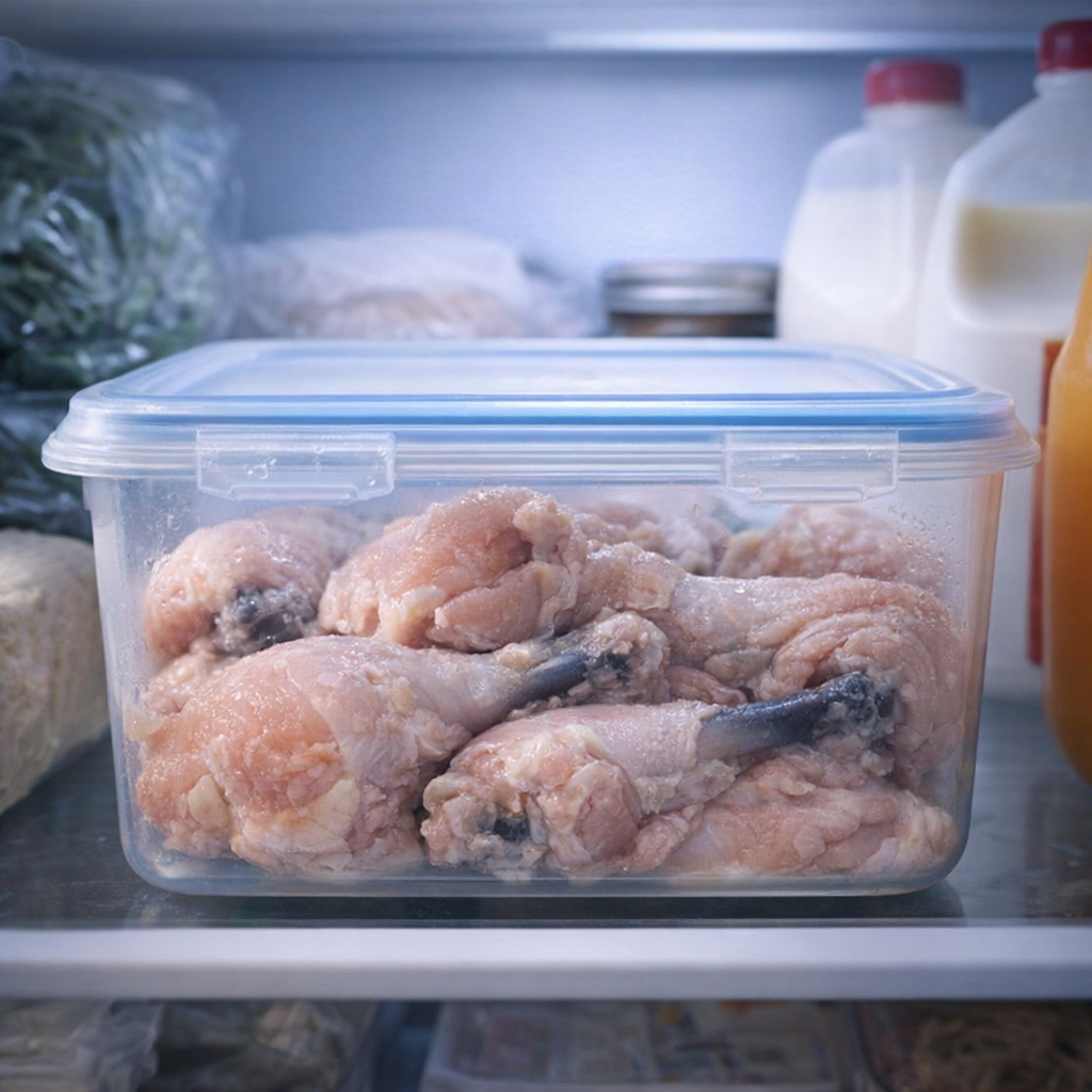Chicken stored on a refrigerator shelf in a home kitchen