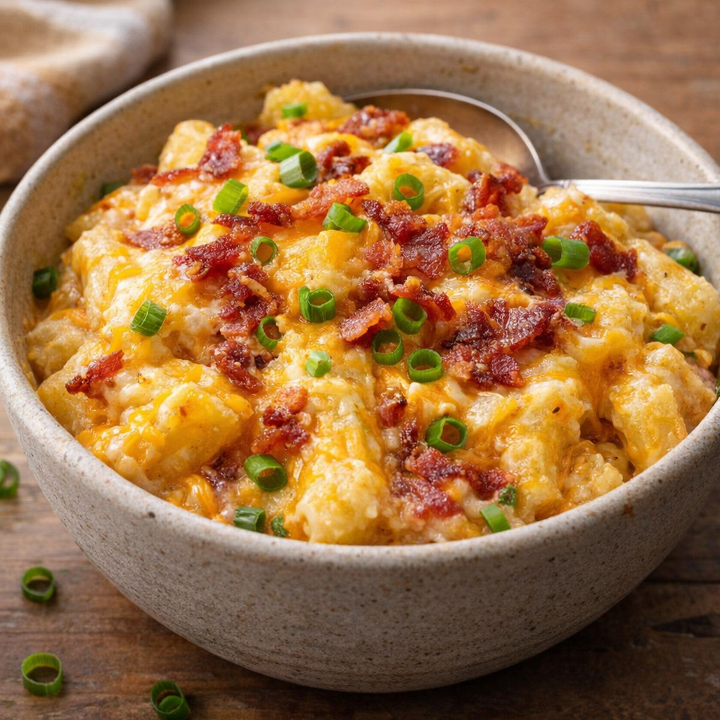 Bowl of cheesy slow cooker potatoes garnished and ready to serve
