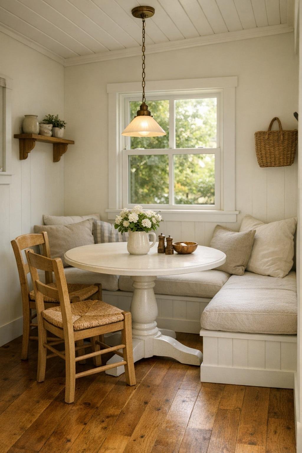 Small dining nook with a round pedestal table, simple chairs, and soft natural light