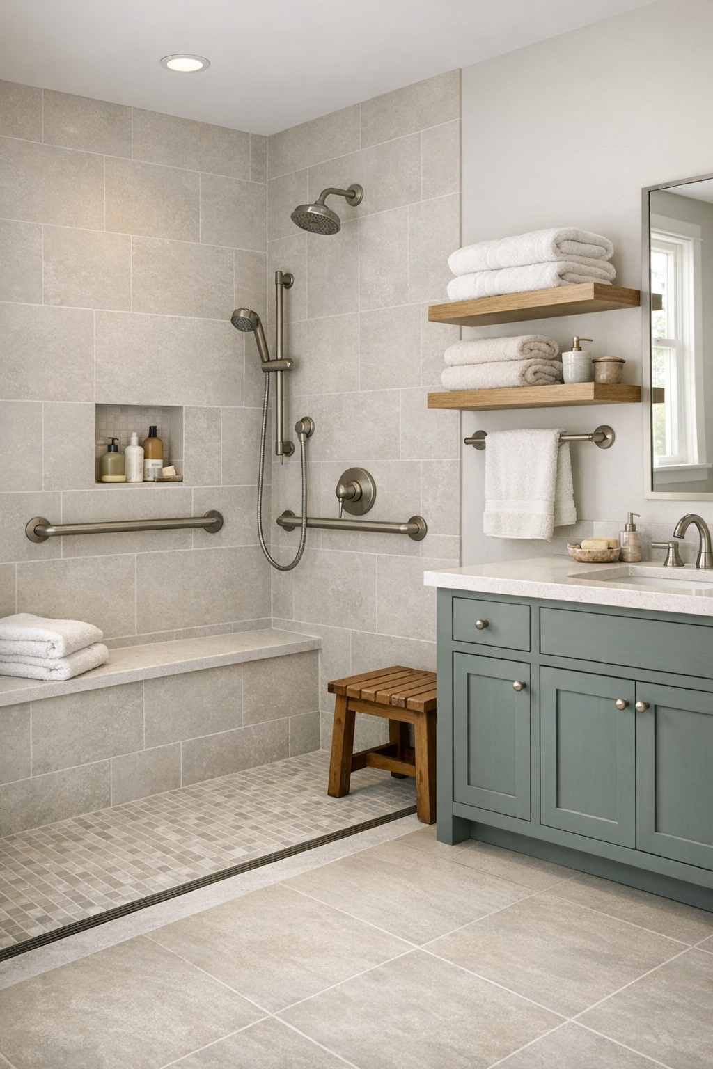 Accessible bathroom with curbless shower, painted vanity, and pale matte tile