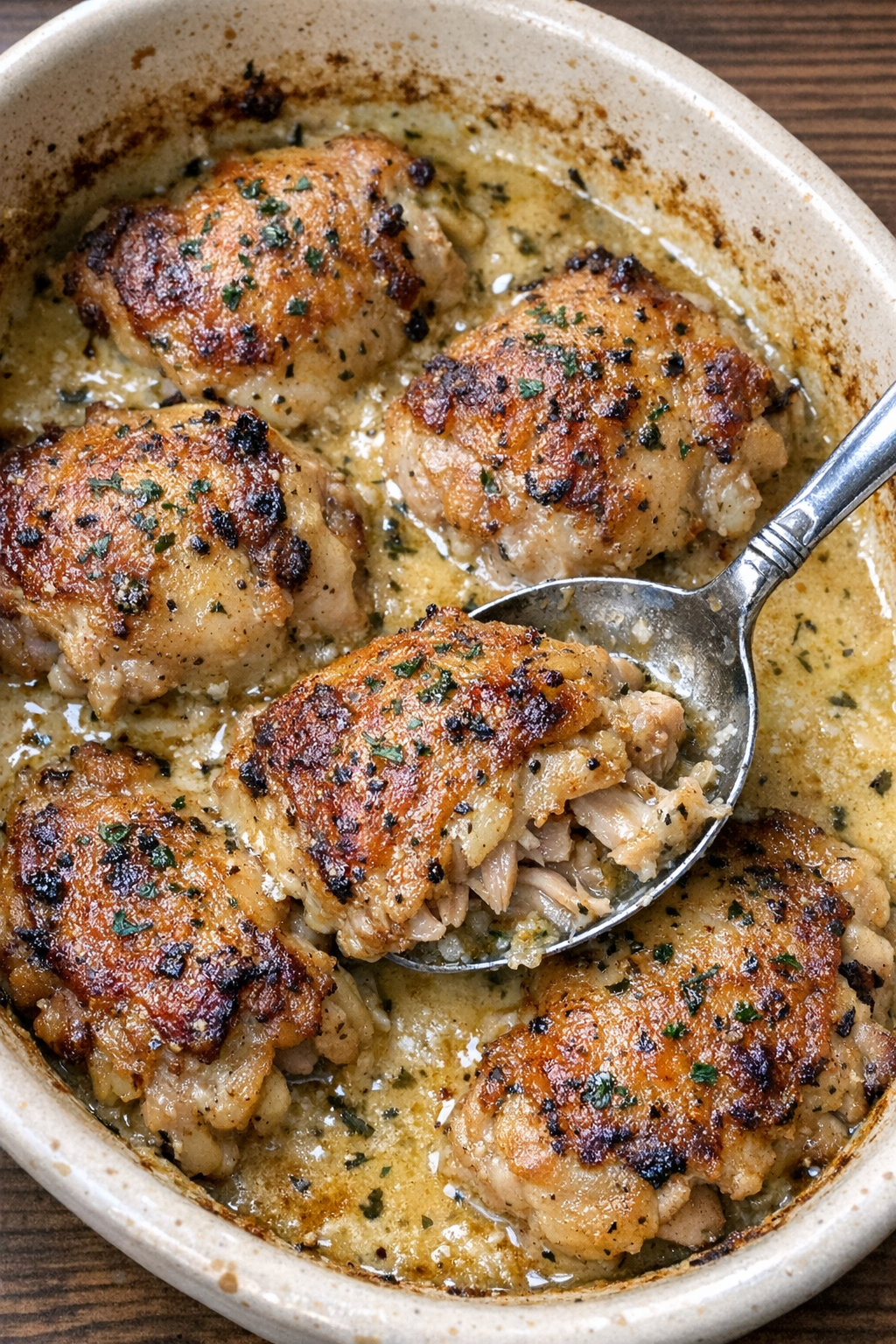 Baked chicken thighs in creamy golden sauce