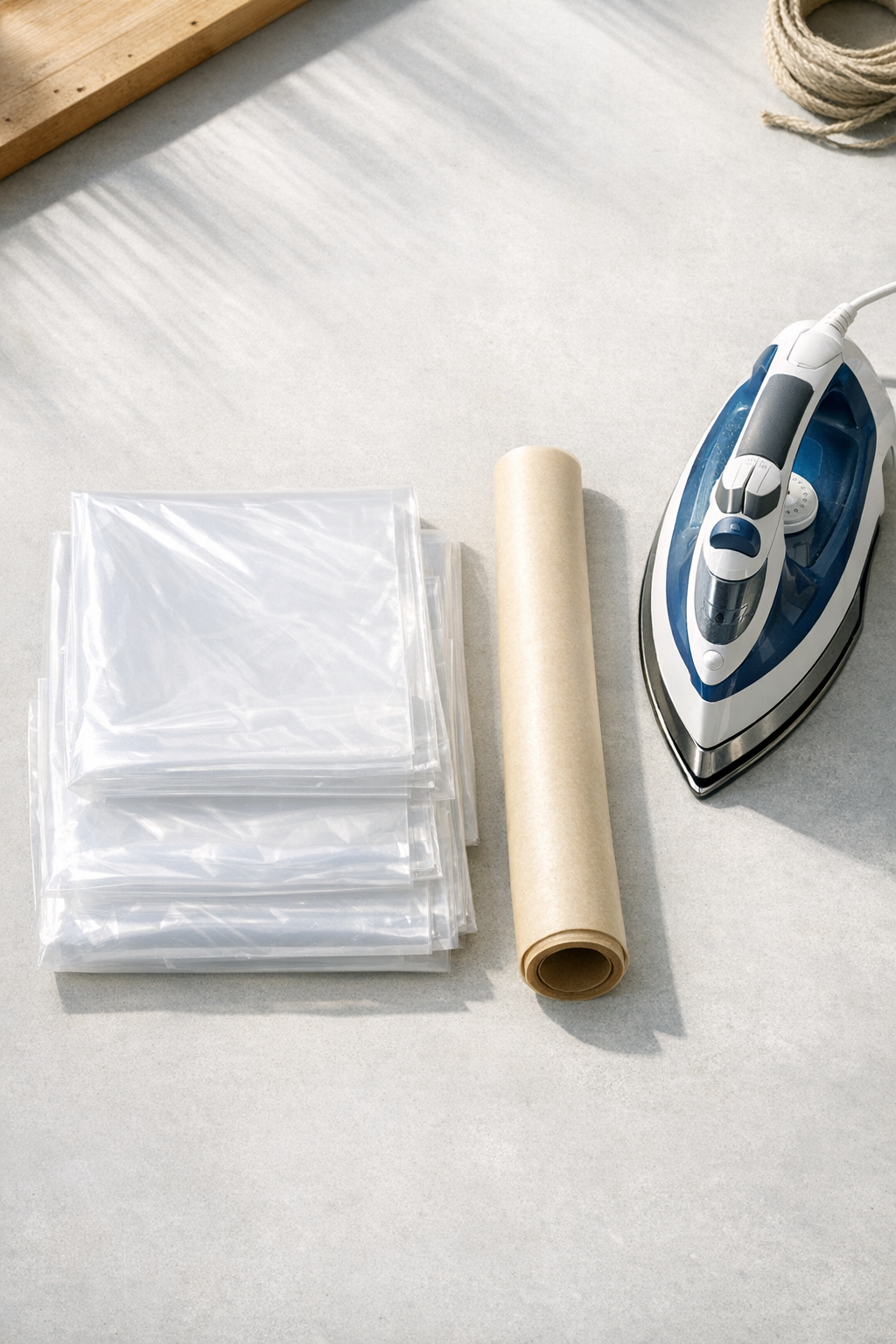 Plastic drop cloths, parchment paper, and an iron laid out for the project