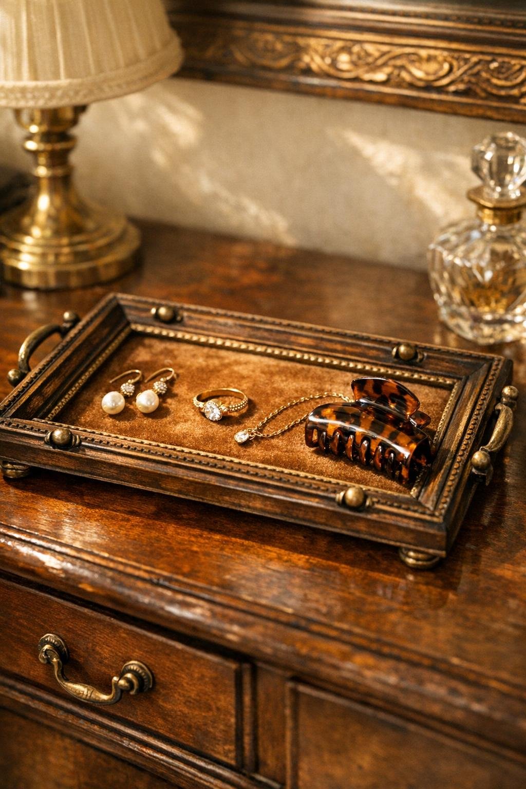Finished vintage frame accessory tray with brass drawer pulls and velvet backing