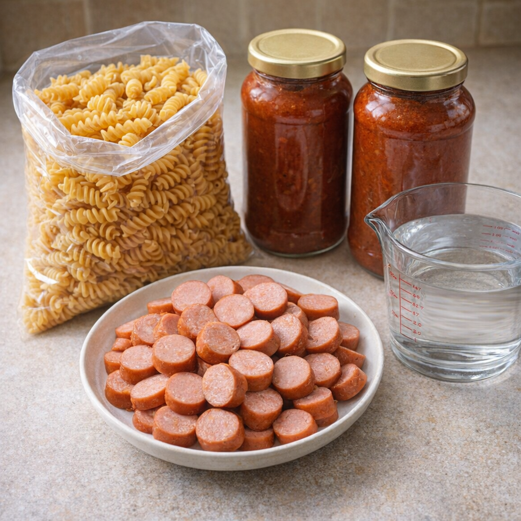 Angled countertop shot of the four simple ingredients for hot dog pasta