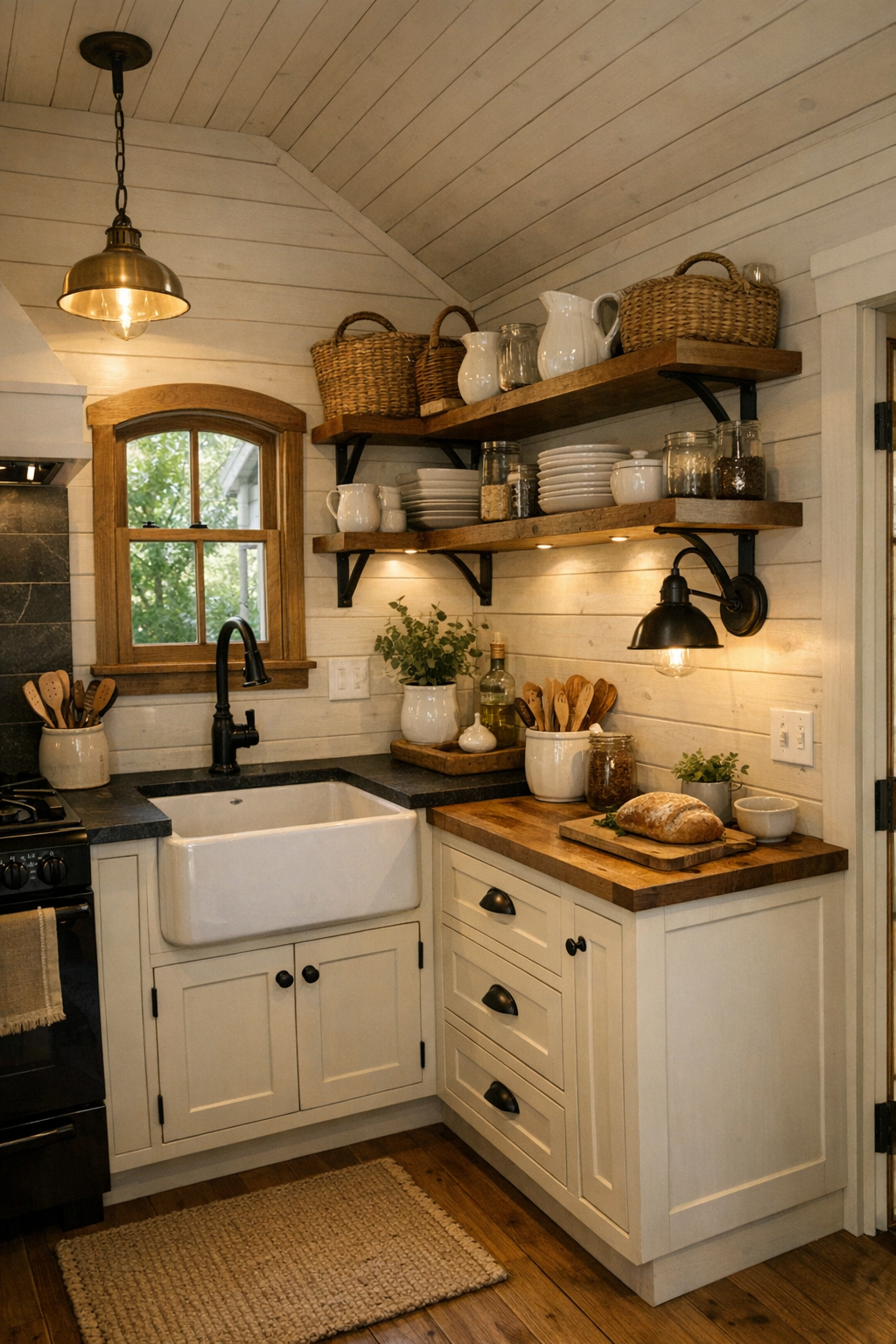 Handcrafted tiny home kitchen with warm white cabinets, butcher block counters, apron sink, and open shelving