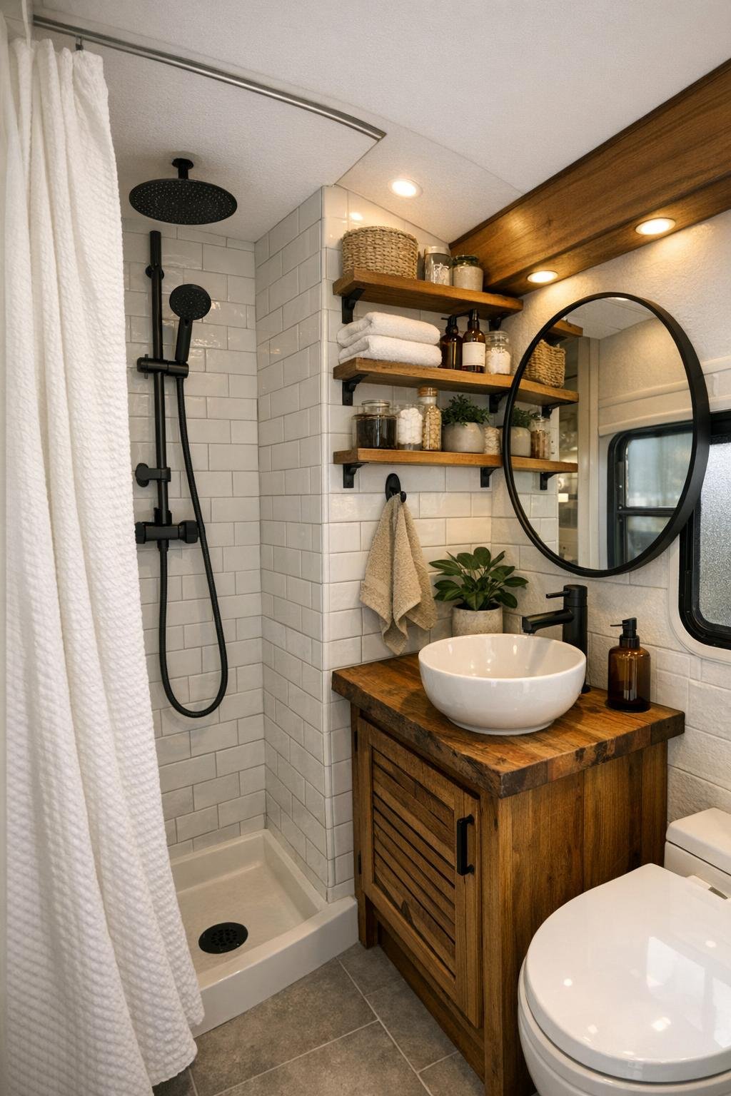Compact bus bathroom with a small vanity, light tile, and wood accents