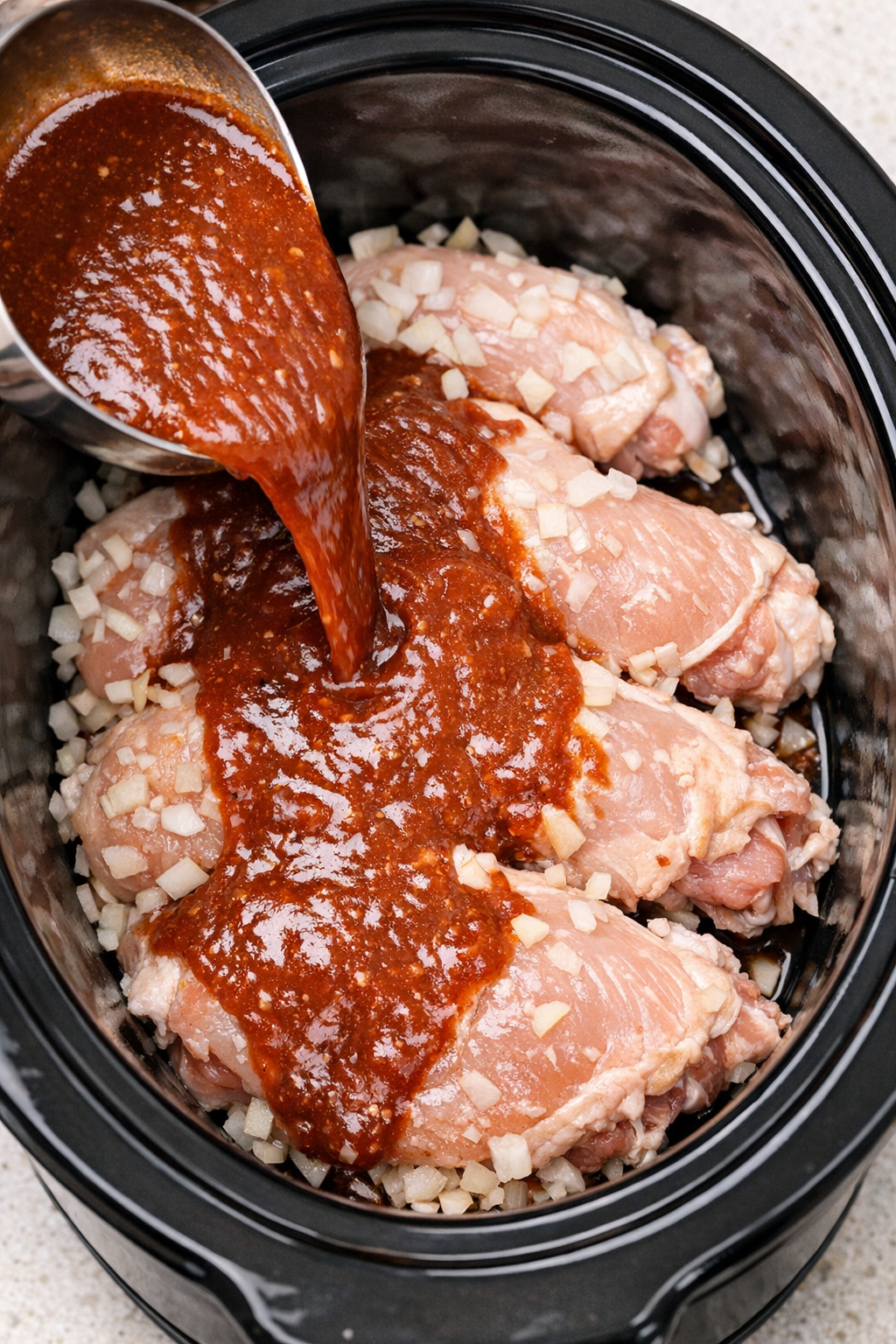 Sauce poured over raw chicken in slow cooker