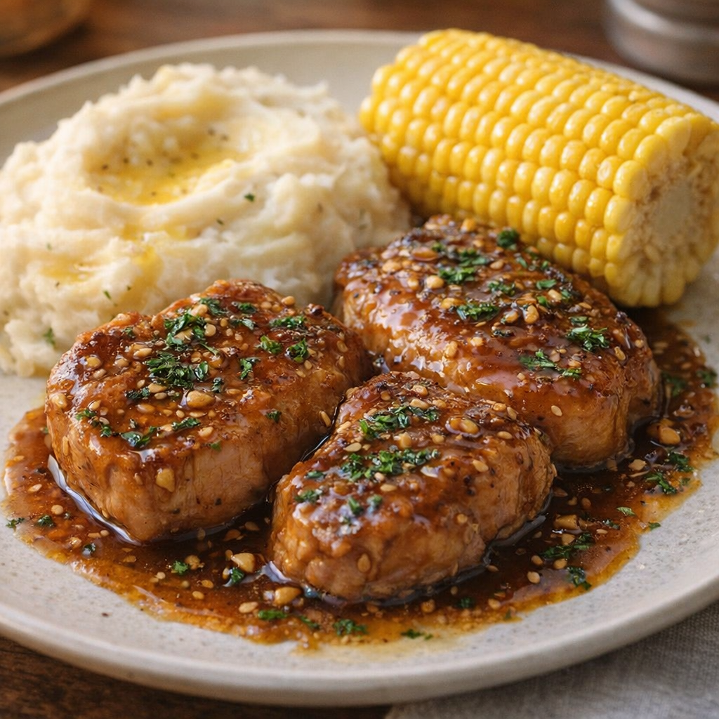 Pork chops plated with mashed potatoes and corn
