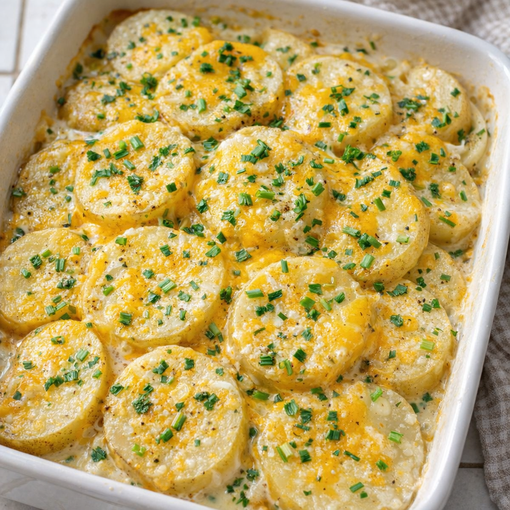 Creamy onion potatoes topped with melted cheese and herbs
