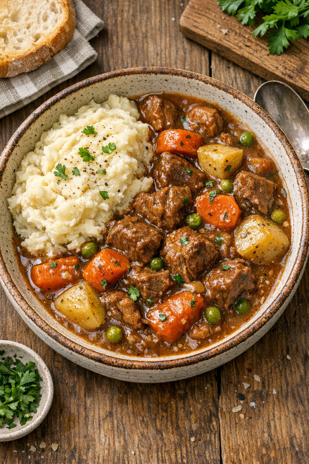 Finished slow cooker beef served in a bowl