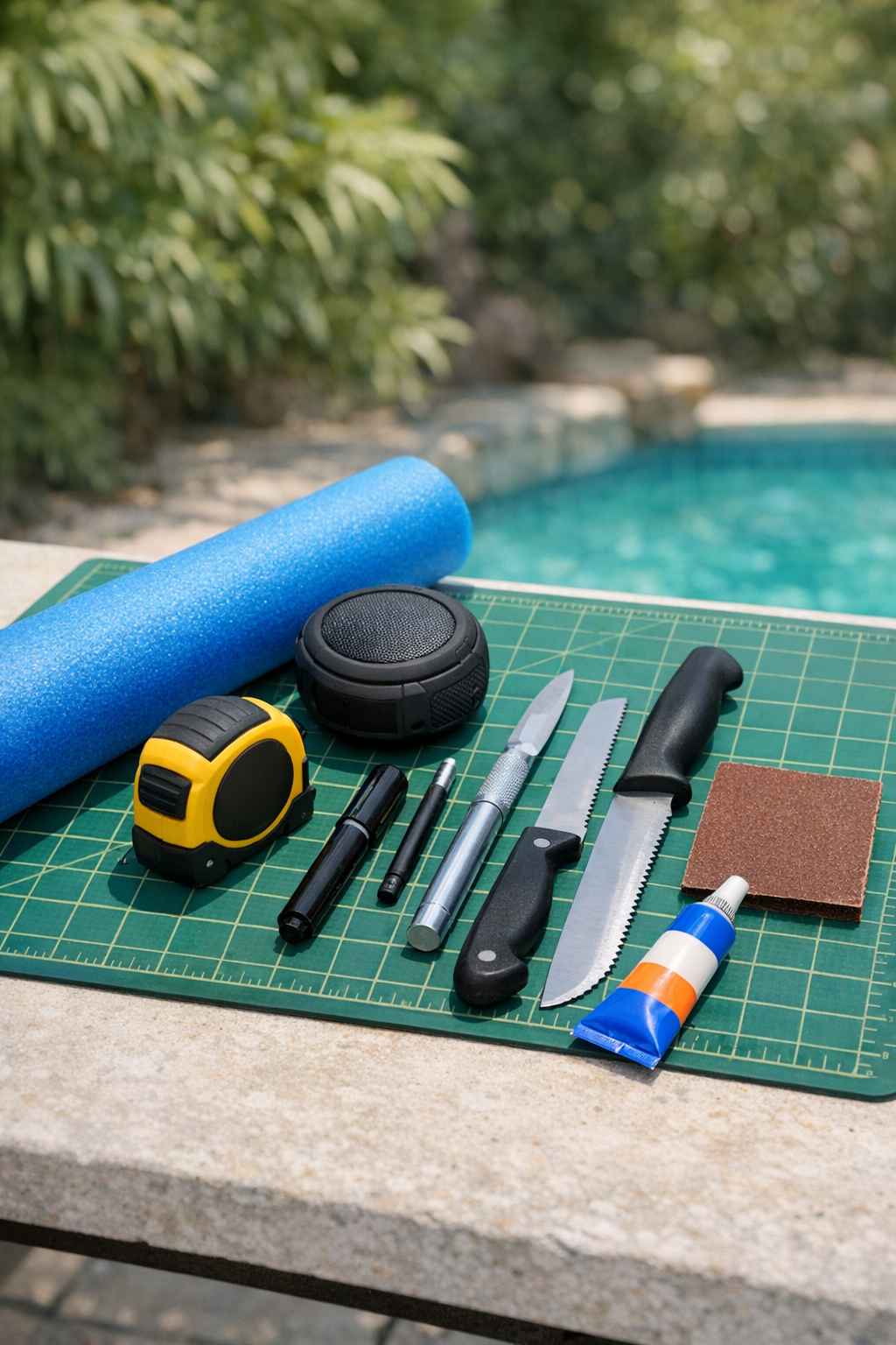 Materials for a floating pool speaker holder laid out on a table