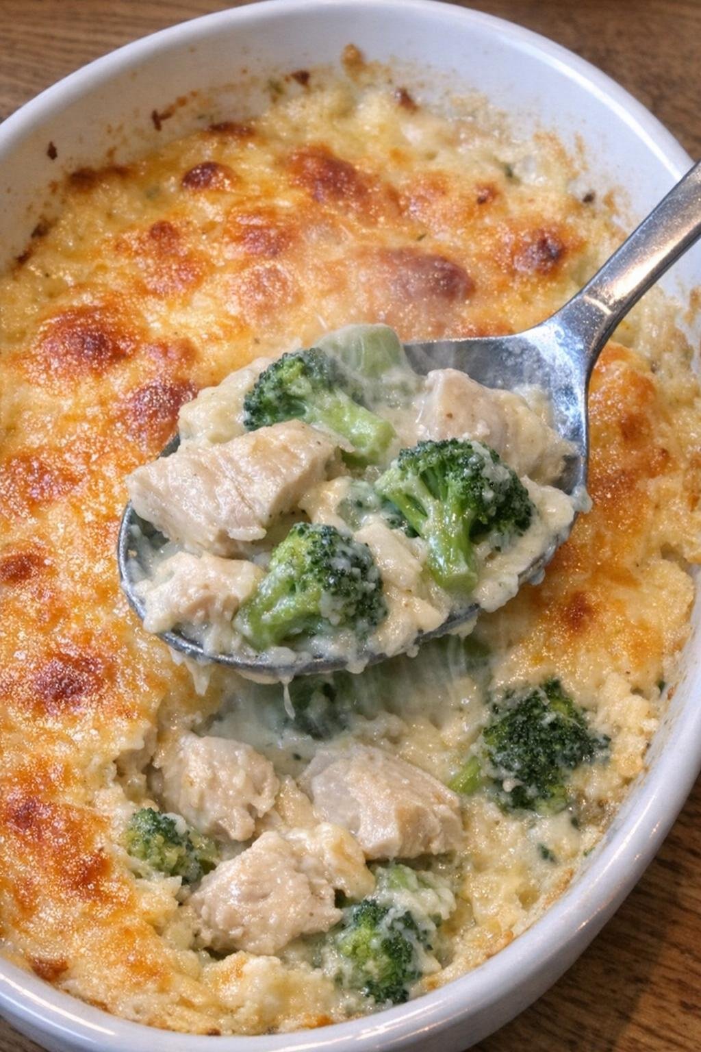 Creamy chicken and broccoli casserole with a golden cheese top