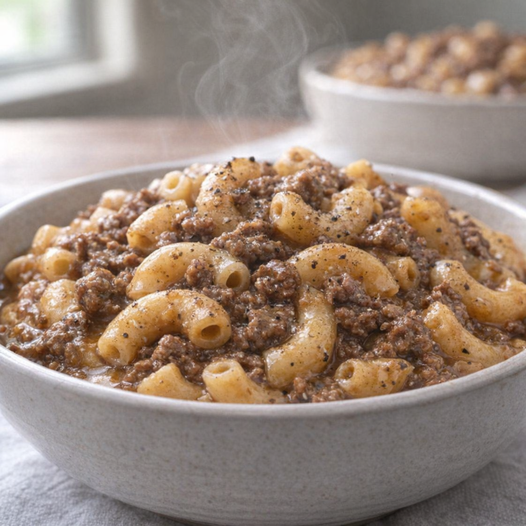 Finished beef macaroni served in a bowl