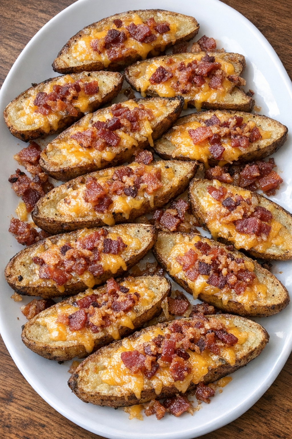 Crispy potato skin wedges topped with melted cheddar and crumbled bacon on a white platter