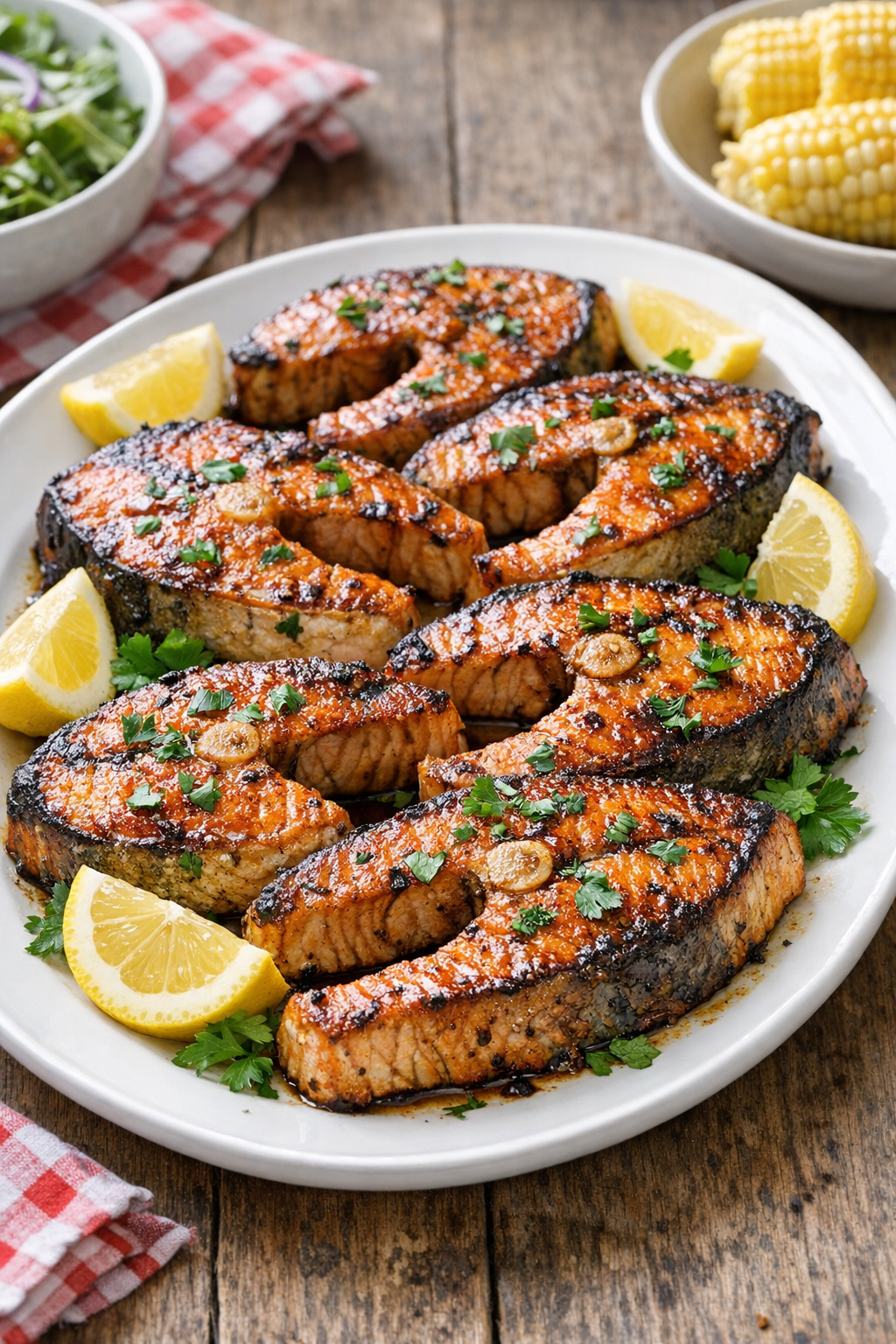 Baked bone-in salmon steaks plated for serving