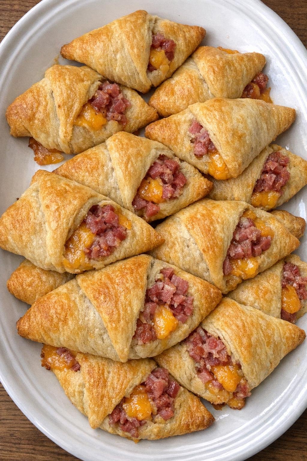 Flaky golden crescent triangles stuffed with corned beef and cheddar on a white platter