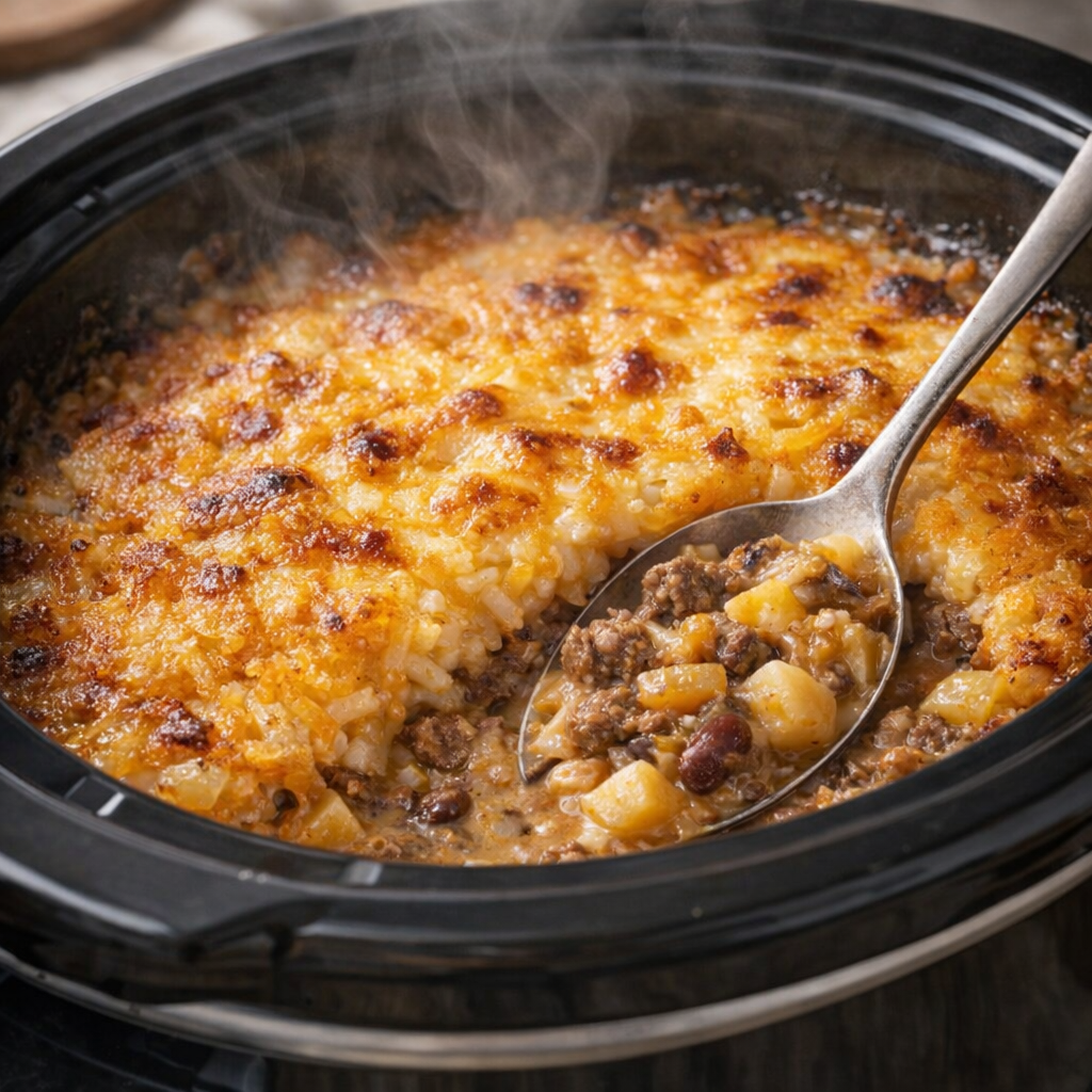 Freshly cooked casserole in the slow cooker with a golden top