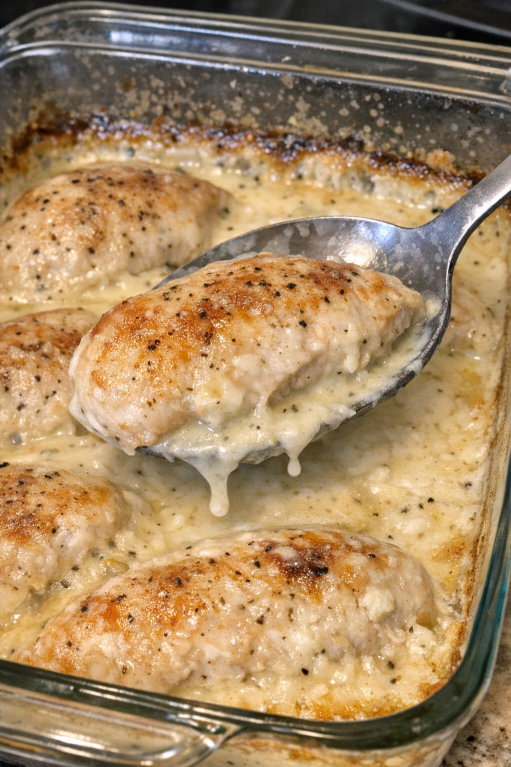 Baked chicken in creamy sauce in a glass baking dish