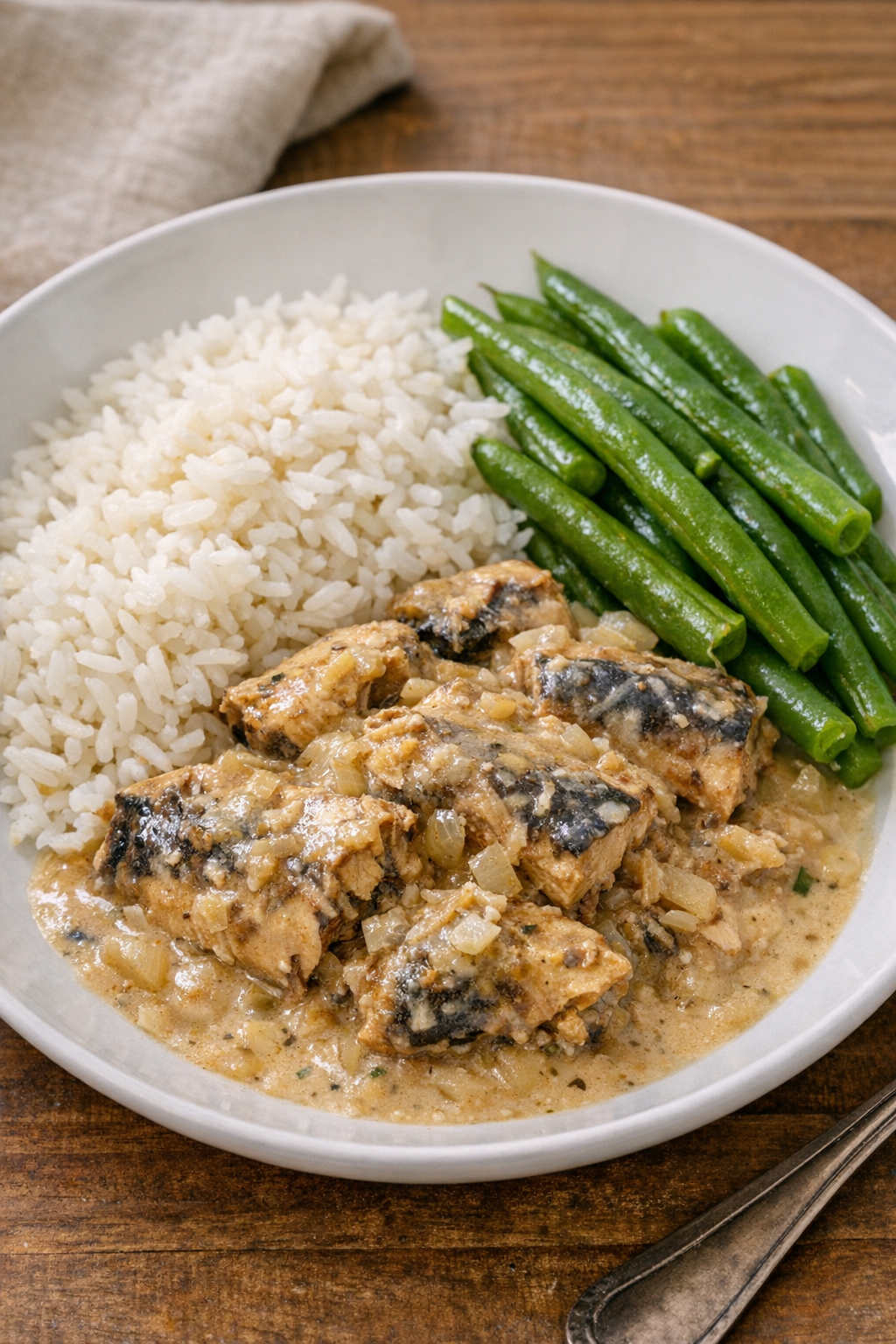 Finished plated slow cooker mackerel with creamy sauce