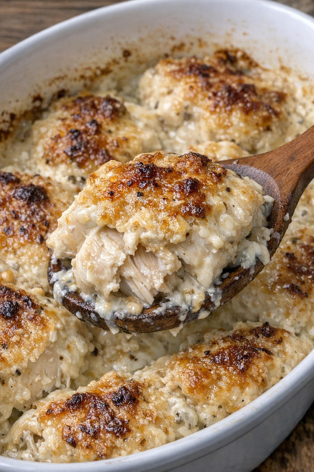 Golden baked chicken Romanoff in casserole dish