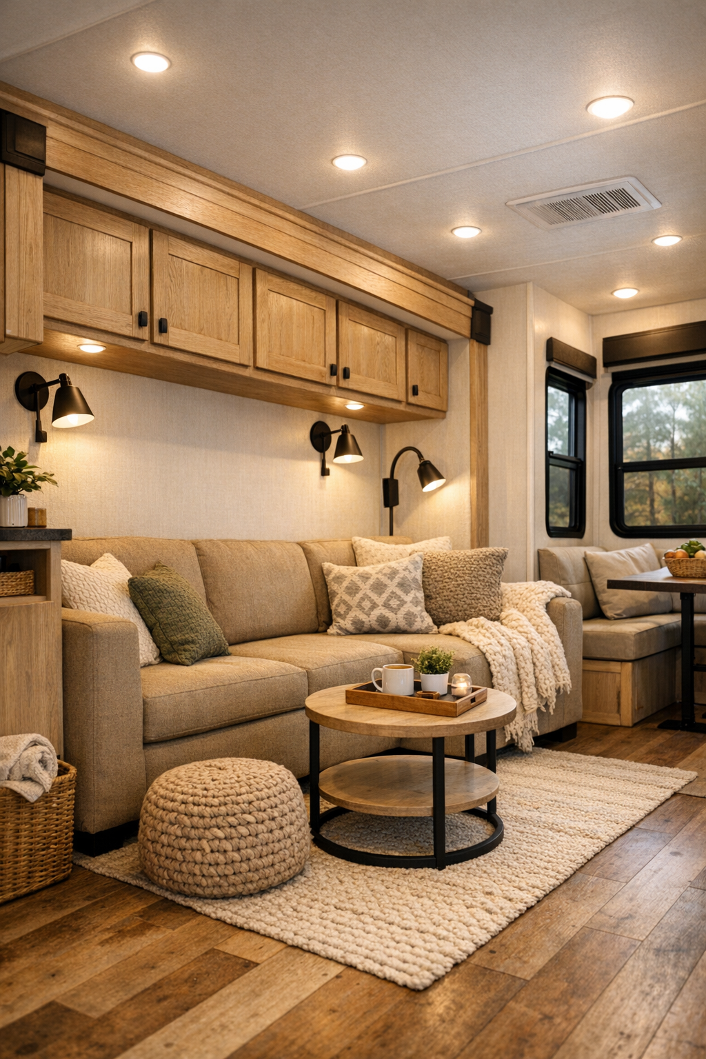 Bright modern RV living room with a built-in sofa, pale oak cabinetry, and large black-framed windows