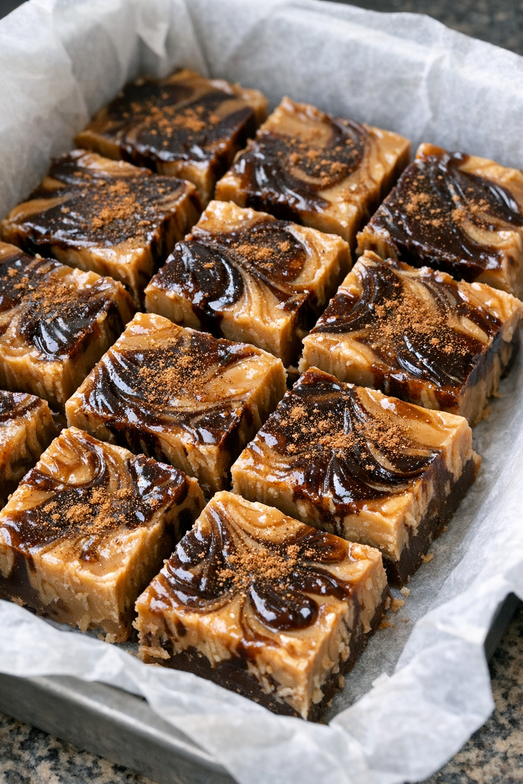 Slow cooker brown sugar shaken espresso fudge in a parchment-lined pan