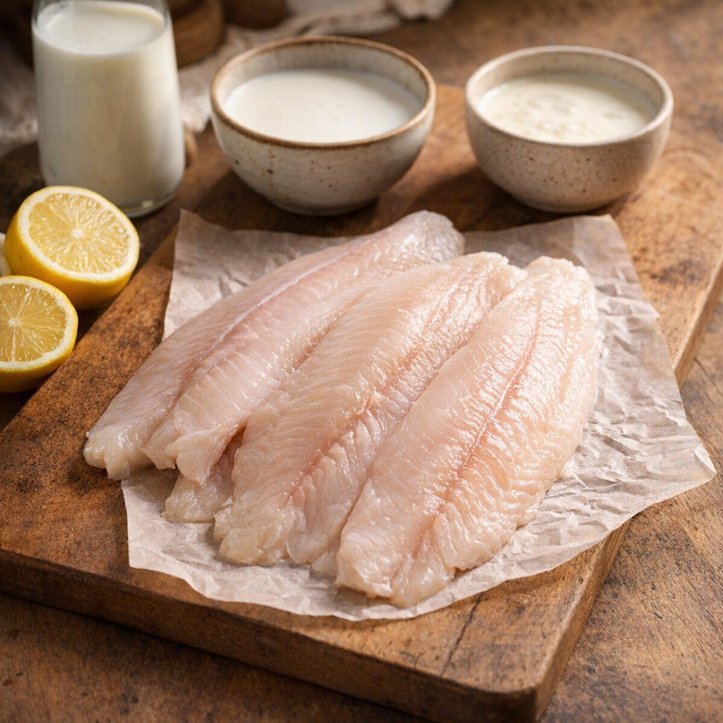 Small bowls of milk, buttermilk, and lemon beside fish fillets