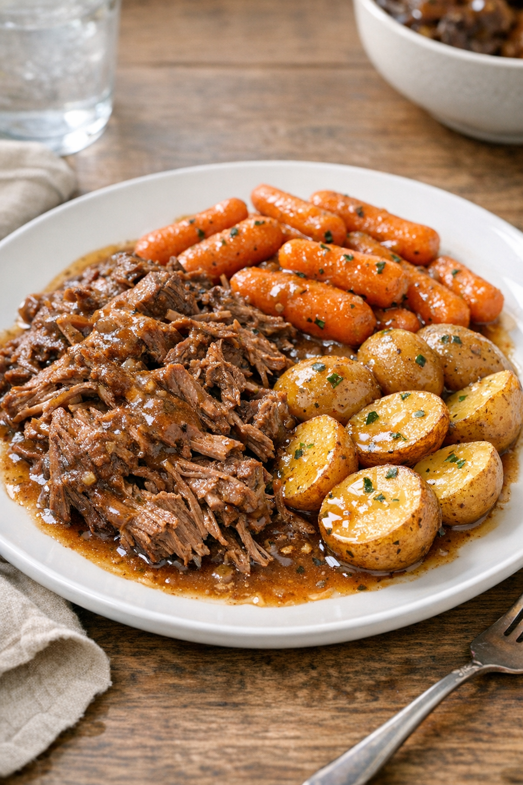 Butter beef served with carrots and potatoes as a full meal