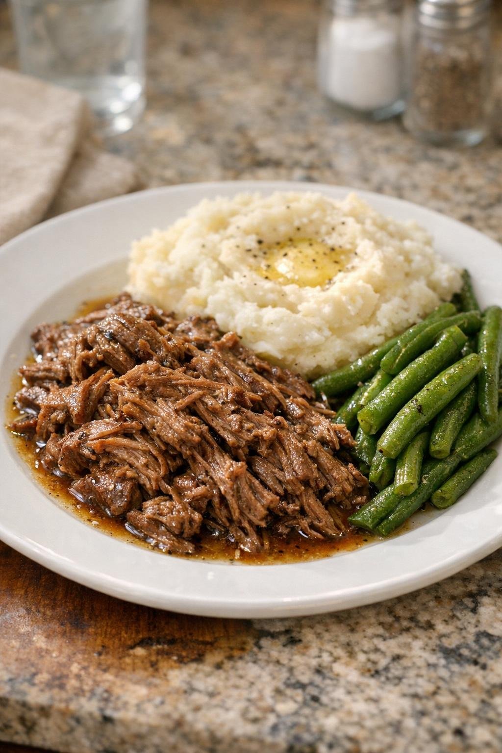 Plated shredded beef with rich juices