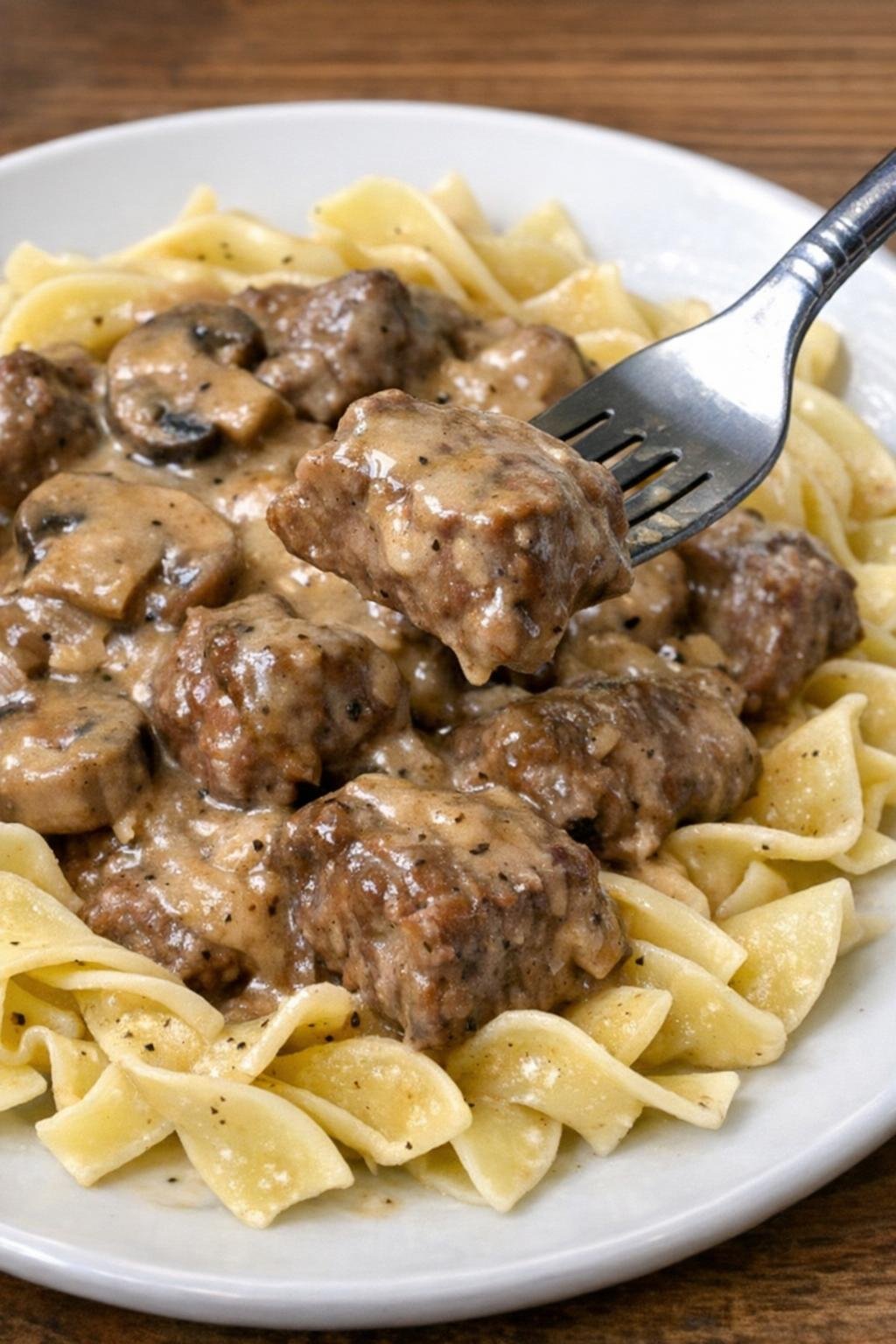 Tender beef tips in creamy mushroom gravy over egg noodles