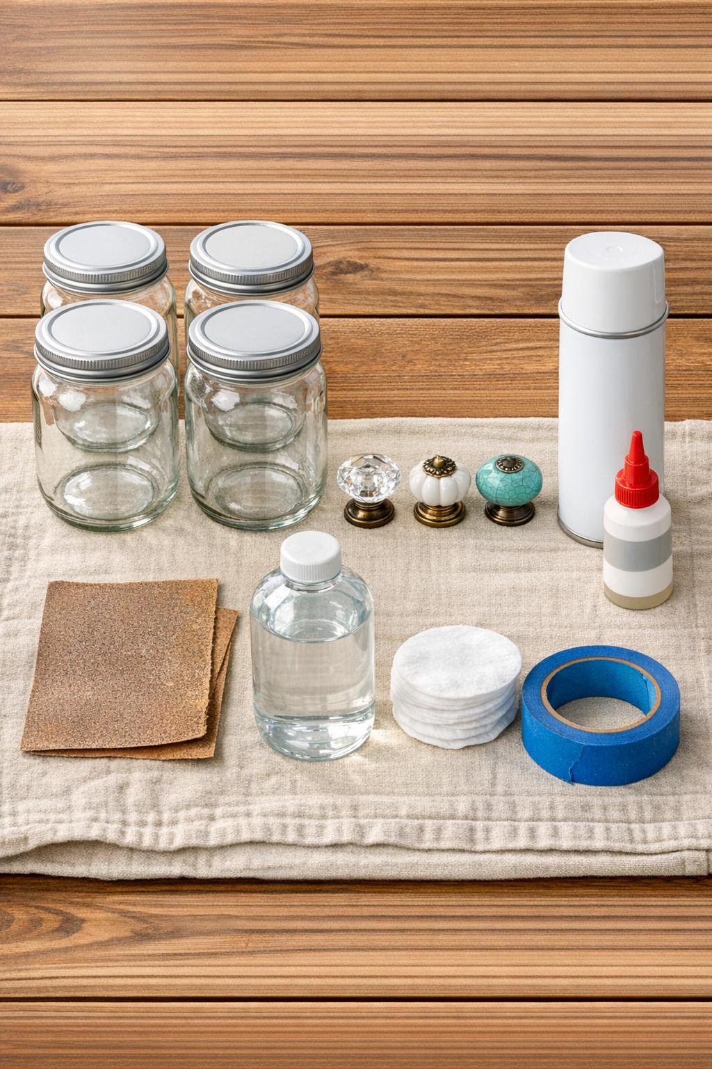 Materials for four vintage-style apothecary jars laid out on a table