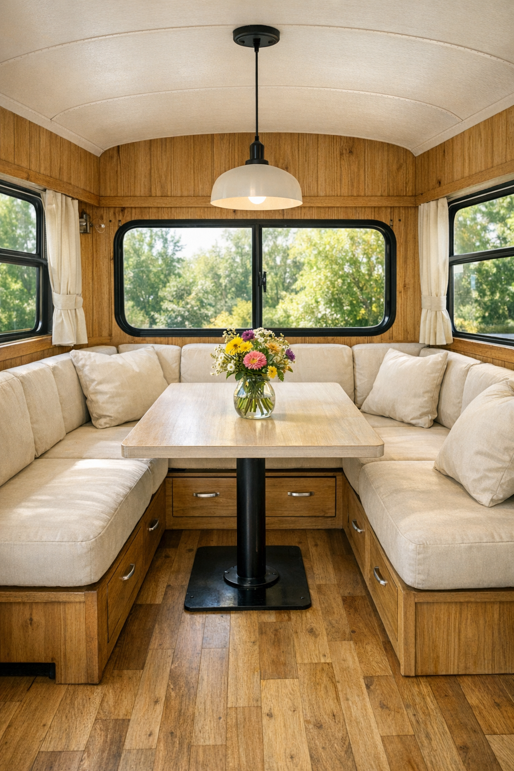 Cozy bus dining nook with banquette seating and pedestal table