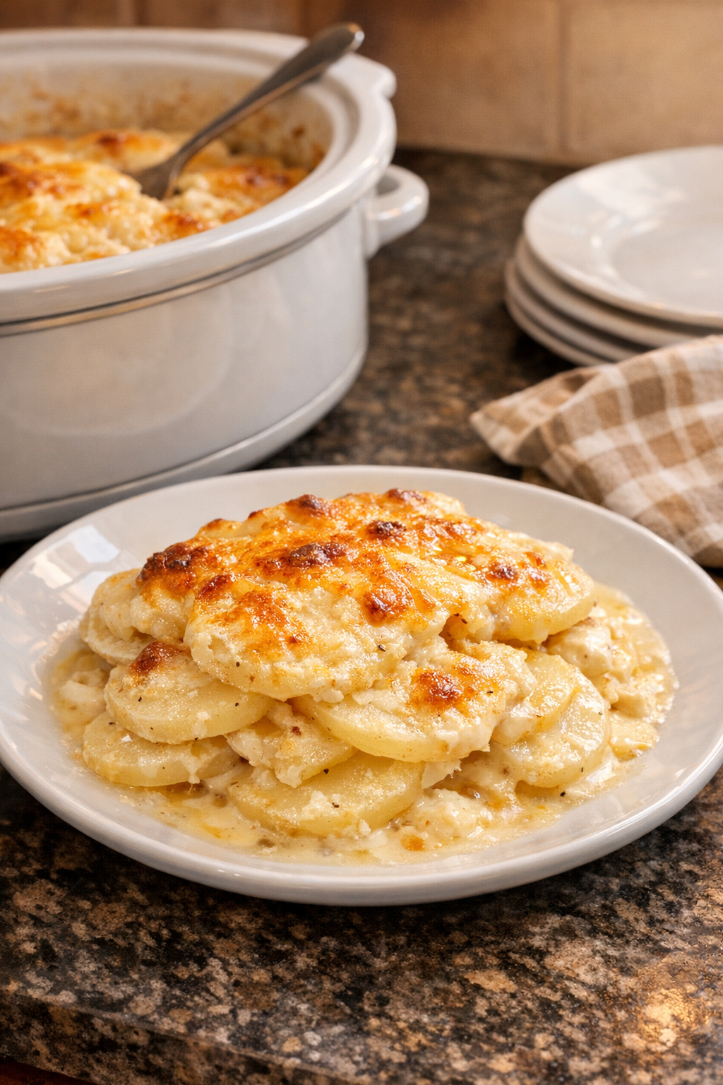 Finished slow cooker scalloped potatoes served warm and creamy