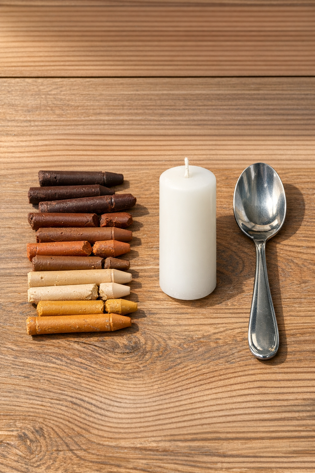 Broken crayons, candle, and metal spoon laid out for a floor crack filler project