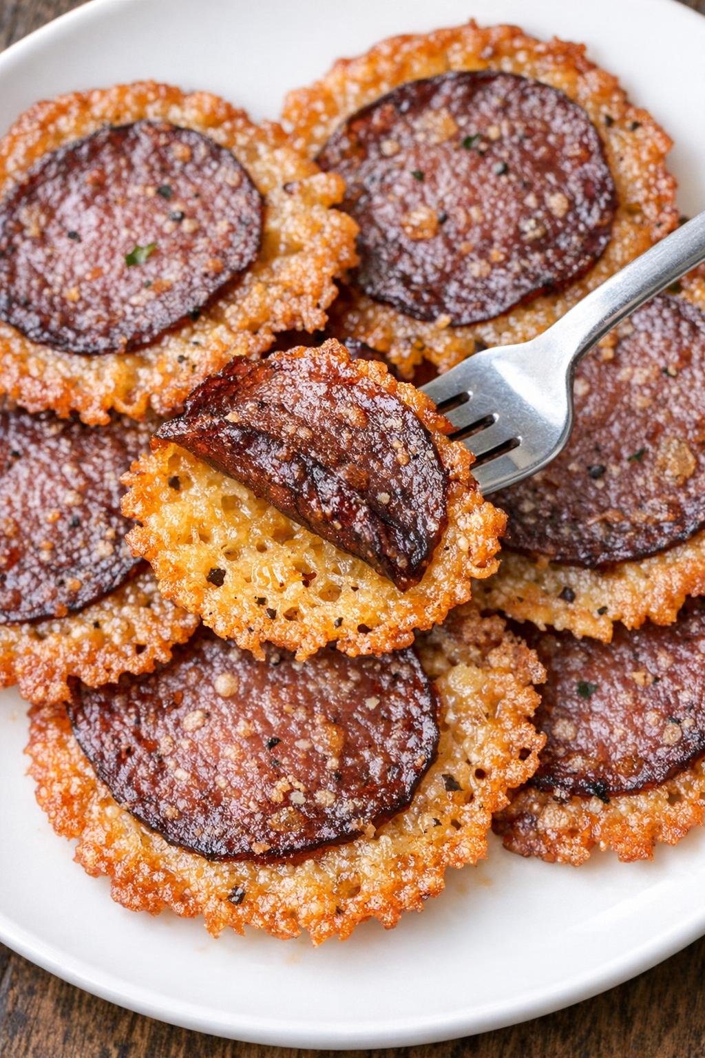 Low carb salami crisps with golden cheese edges
